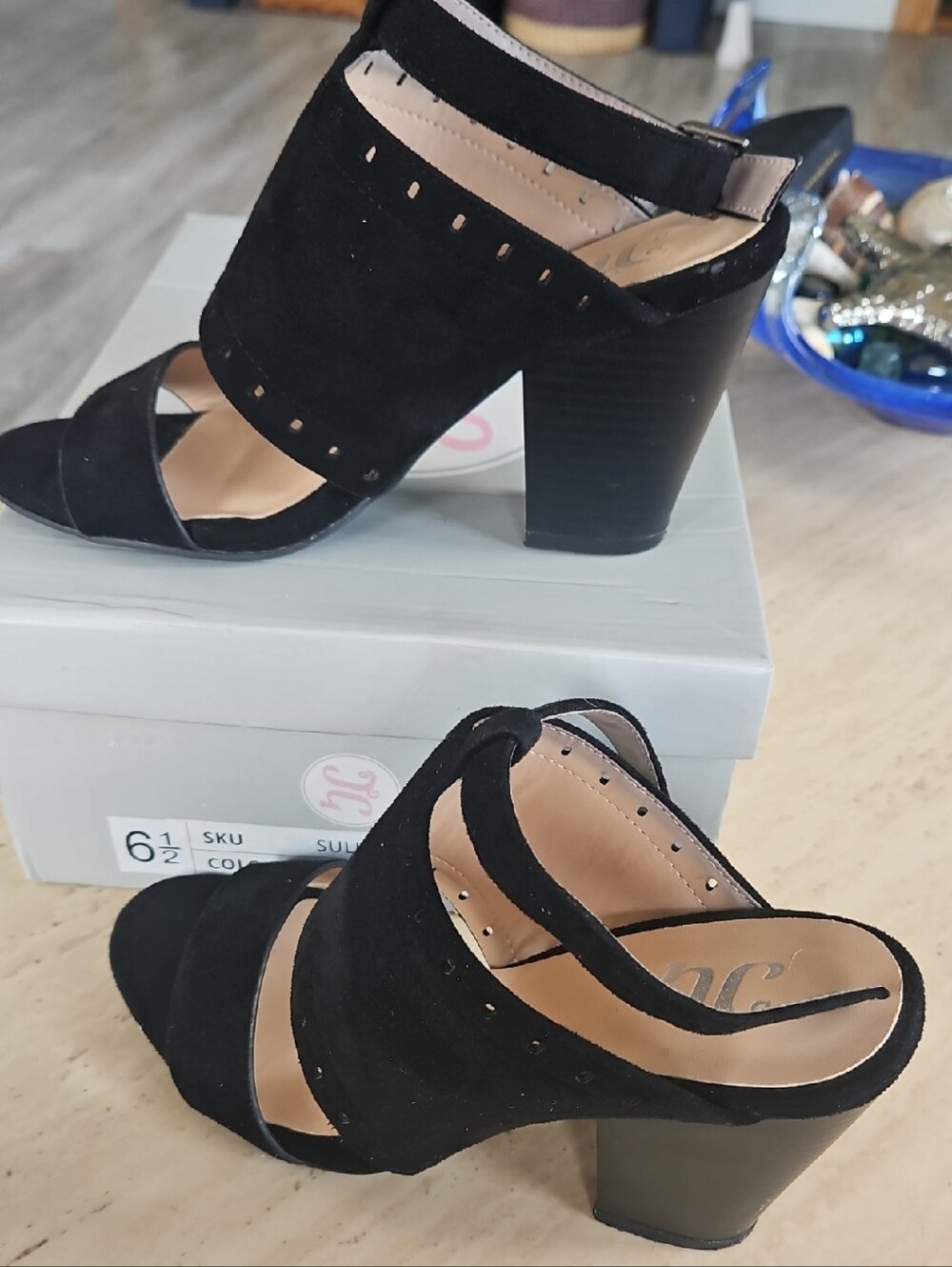 NEW in Box Women's Black Suede Cutout Block Heel Mules, JG, Ankle Strap 6.5